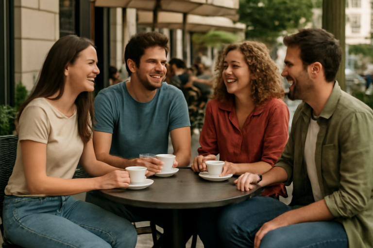 personnes habillées décontractées sur terrasse café