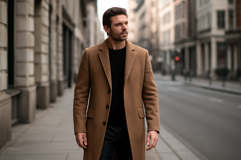 homme portant un manteau long en ville