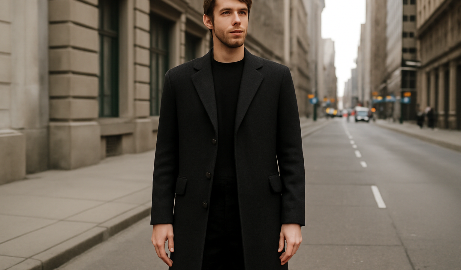 homme grand portant manteau long en ville