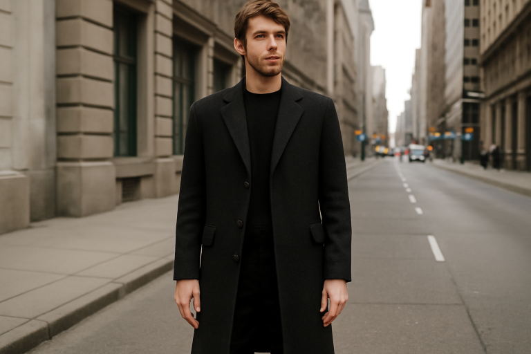homme grand portant manteau long en ville