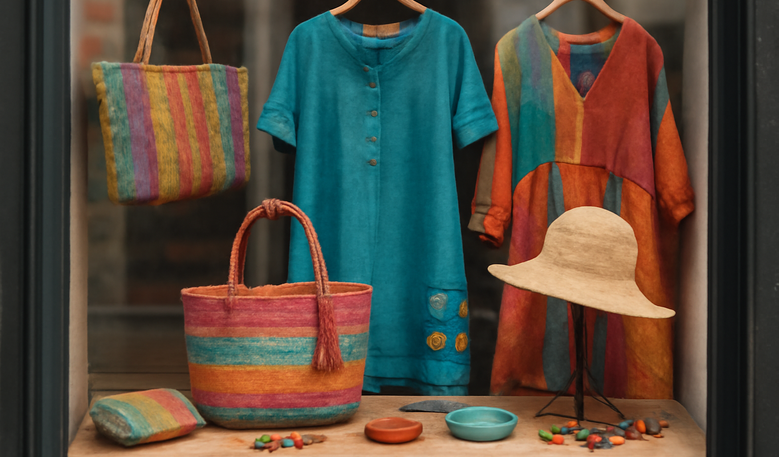 vitrine avec pièces colorées et accessoires artisanaux
