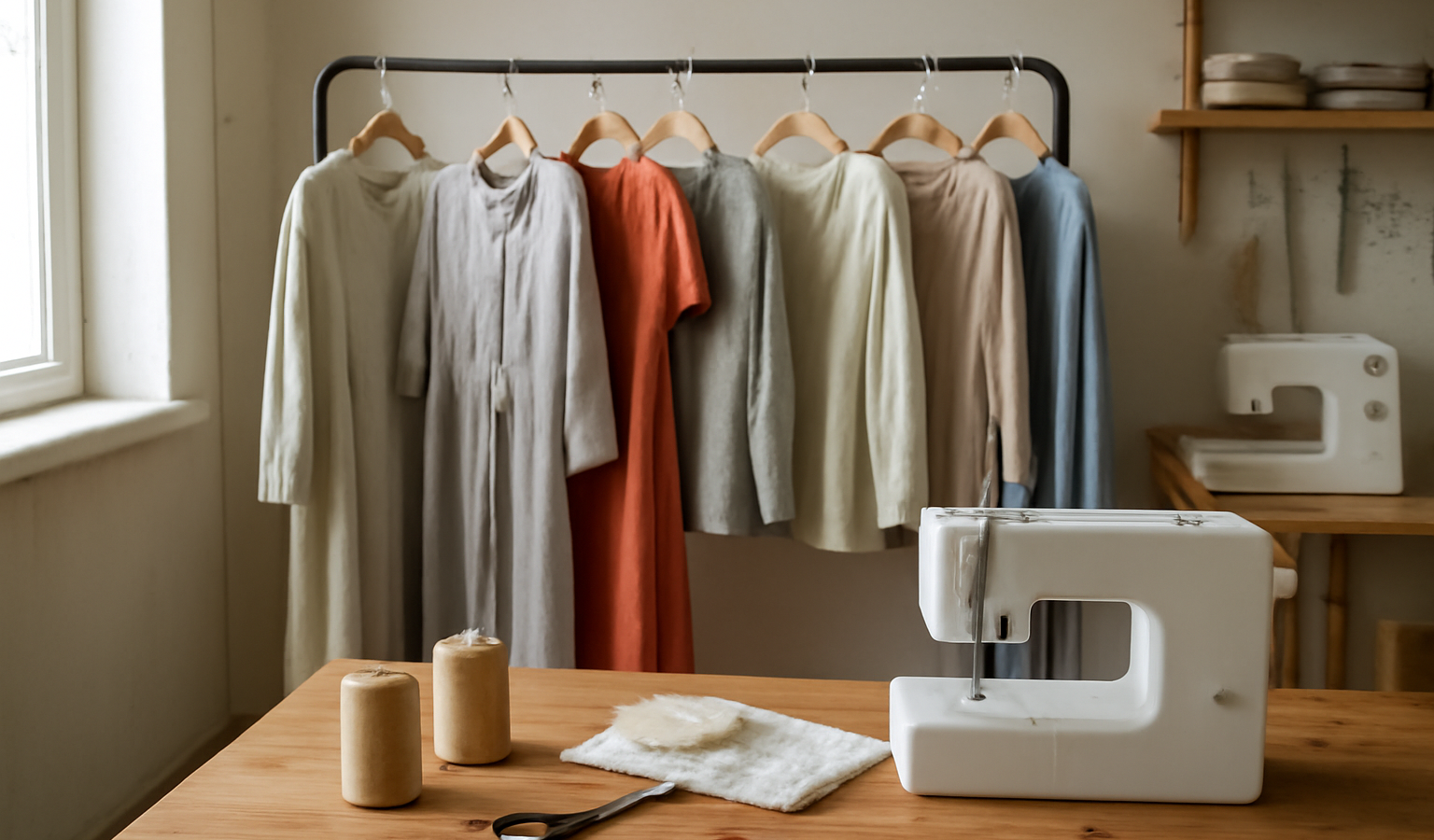 atelier de couture avec vêtements variés suspendus