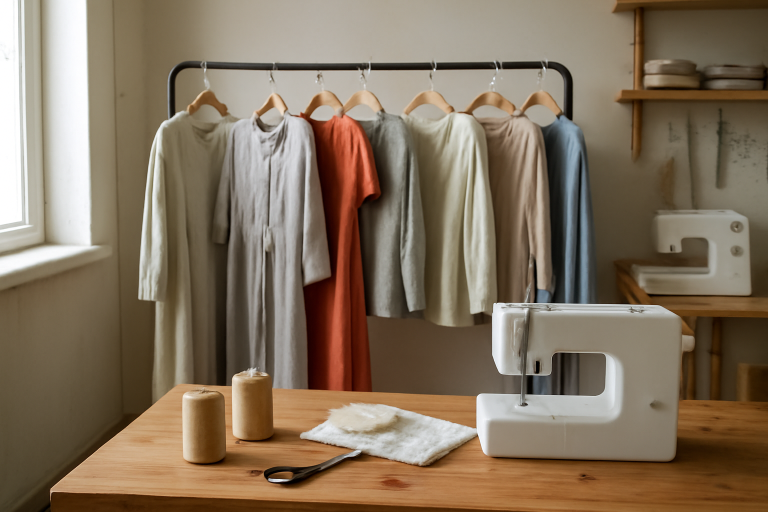 atelier de couture avec vêtements variés suspendus