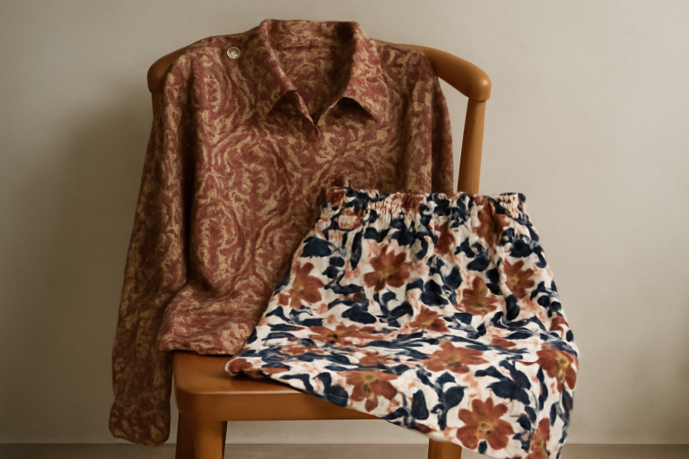 tenues à motifs posées sur chaise