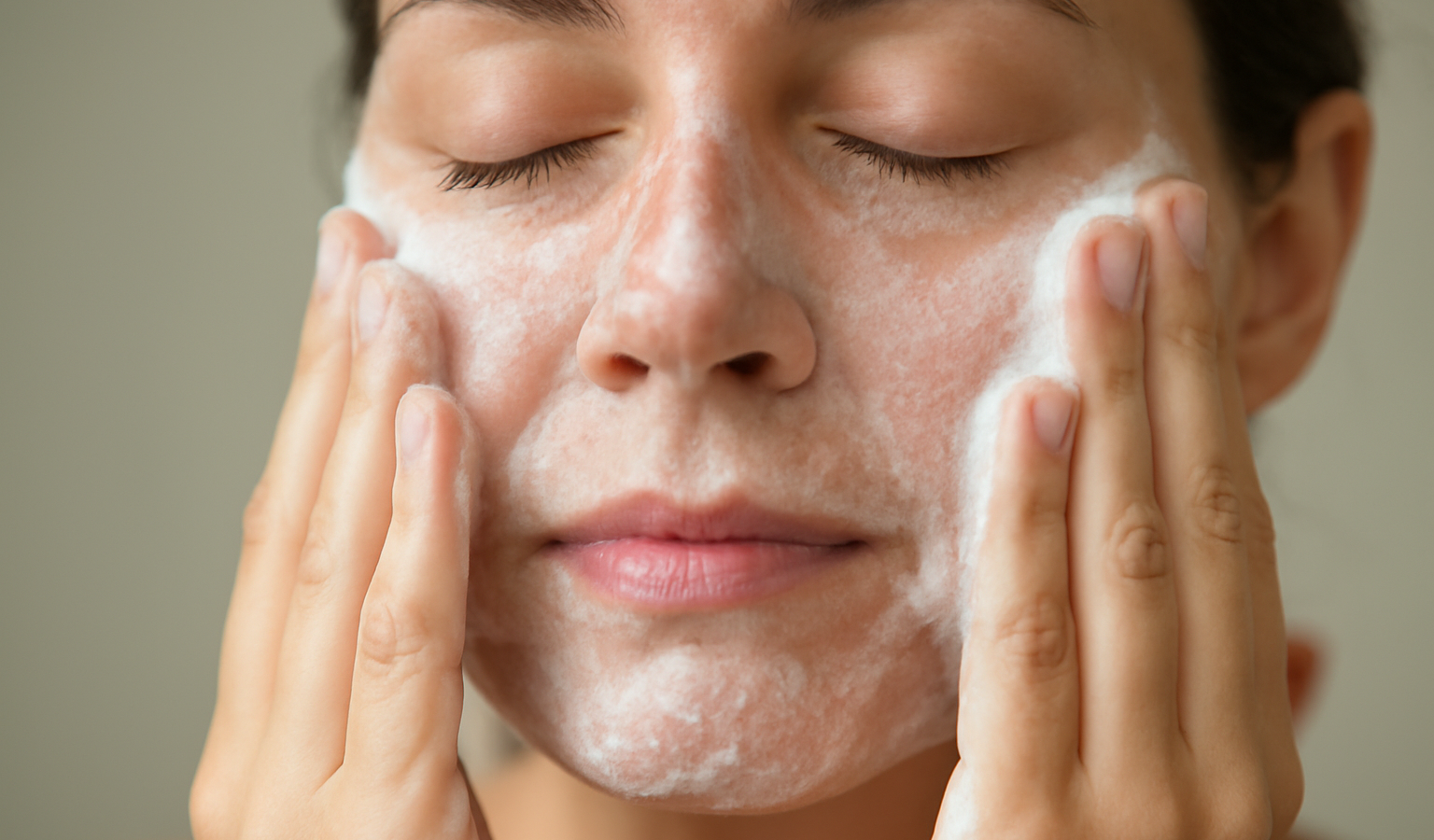 mains nettoyant visage avec creme moussante