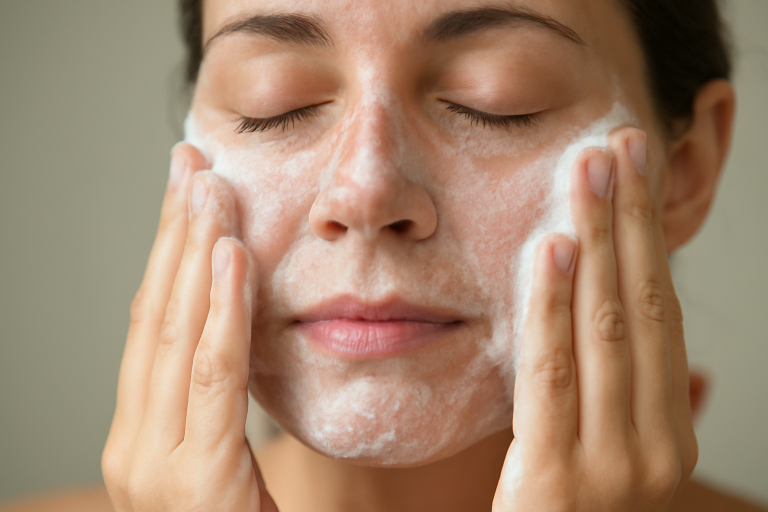 mains nettoyant visage avec creme moussante