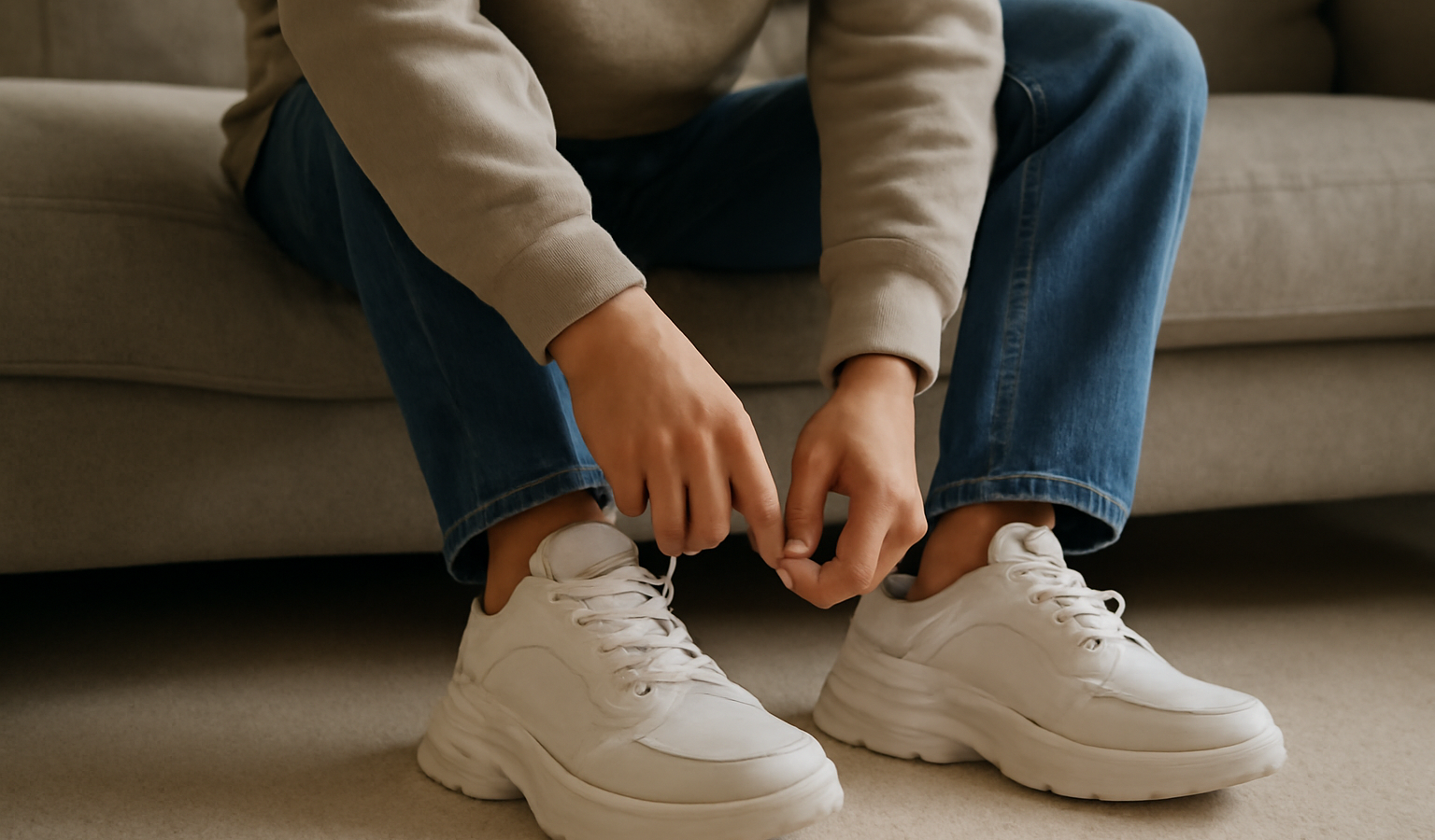 personne essayant baskets larges assise