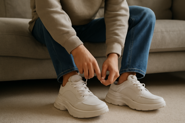 personne essayant baskets larges assise