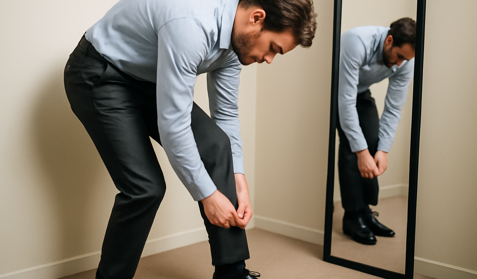 homme ajustant l'ourlet d'un pantalon devant un miroir