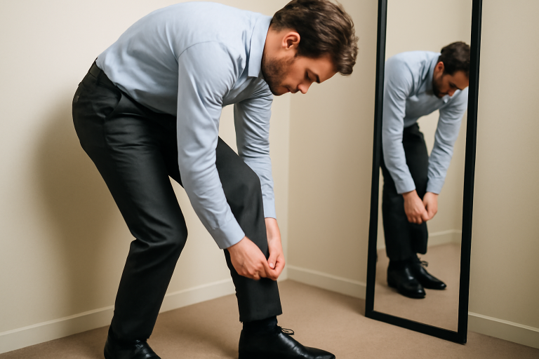 homme ajustant l'ourlet d'un pantalon devant un miroir
