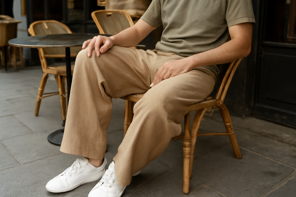 pantalon fluide porté par homme assis terrasse