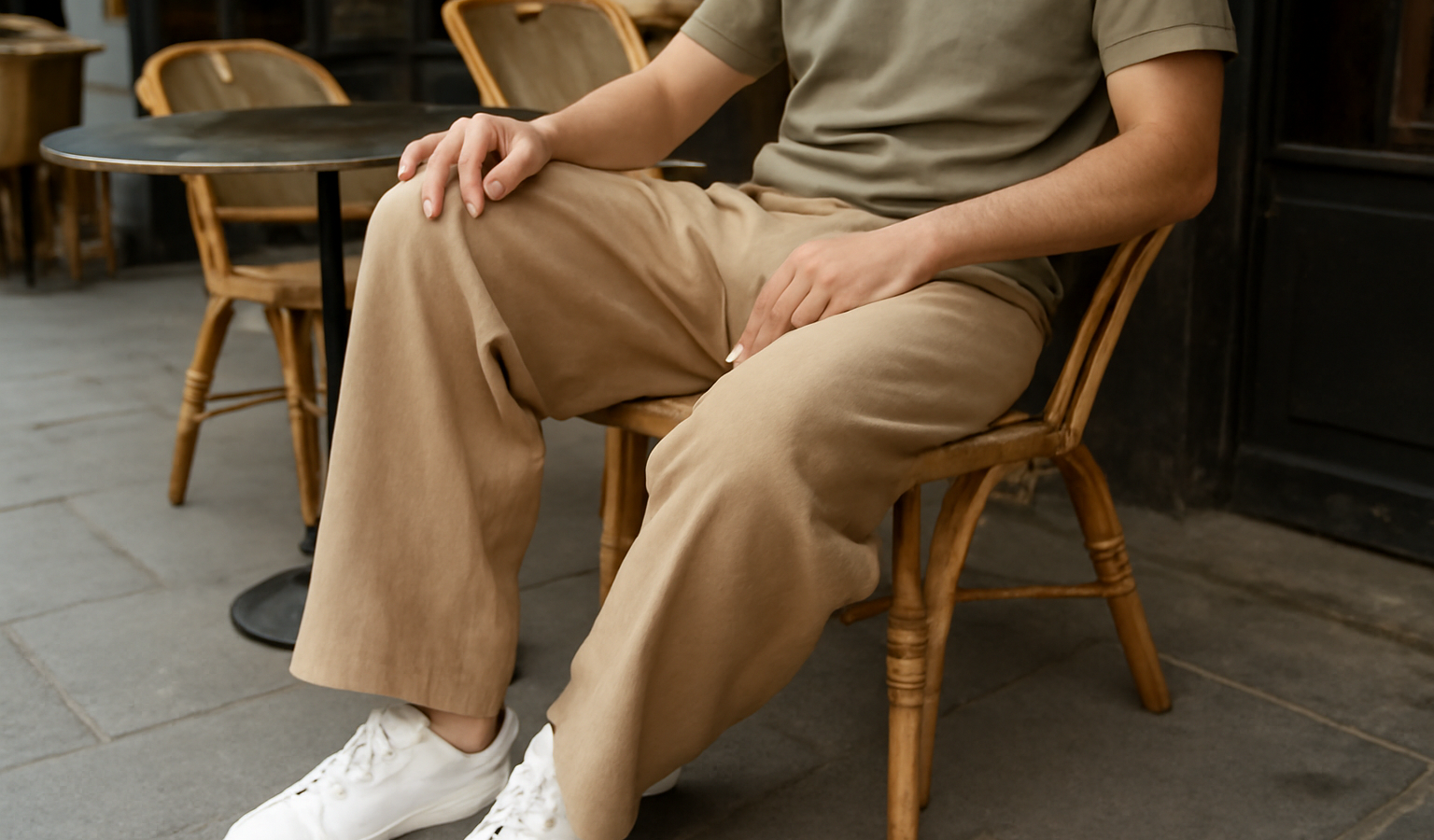 pantalon fluide porté par homme assis terrasse