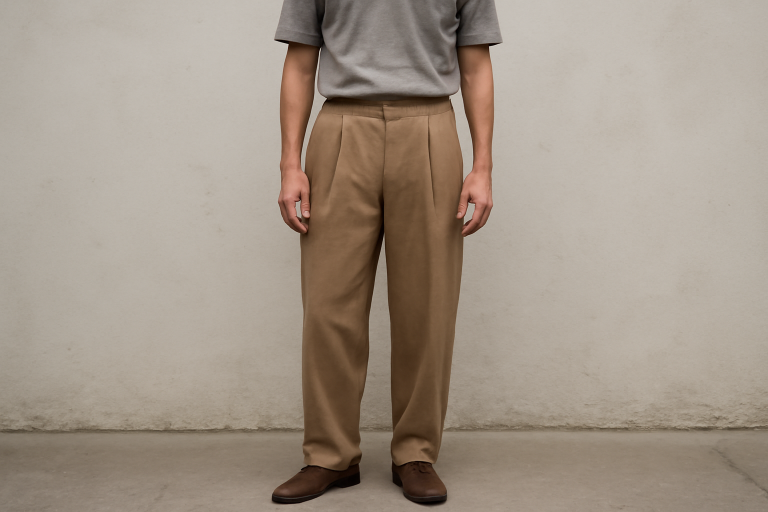 homme portant pantalon ample et mocassins