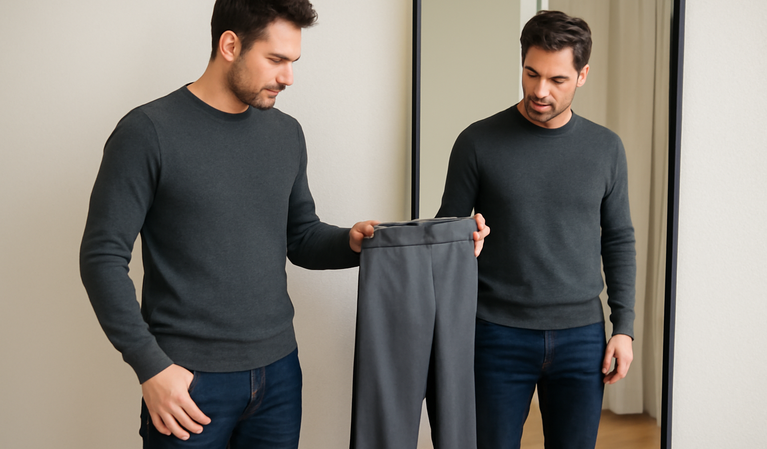 homme regardant la longueur d'un pantalon devant un miroir
