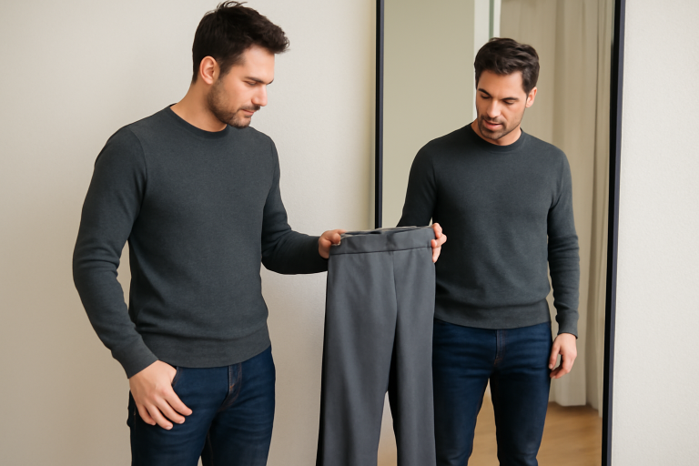 homme regardant la longueur d'un pantalon devant un miroir