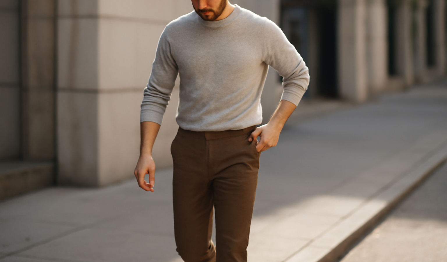 homme ajustant son pantalon en marchant