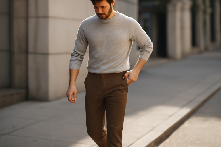homme ajustant son pantalon en marchant