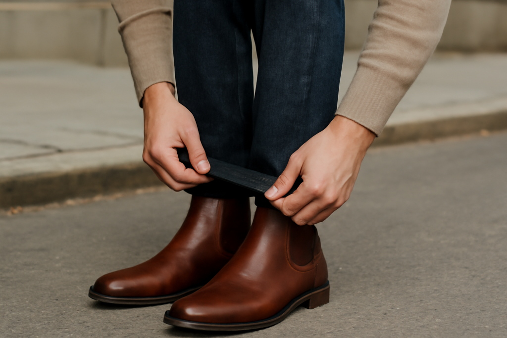 homme ajustant son pantalon sur des bottines