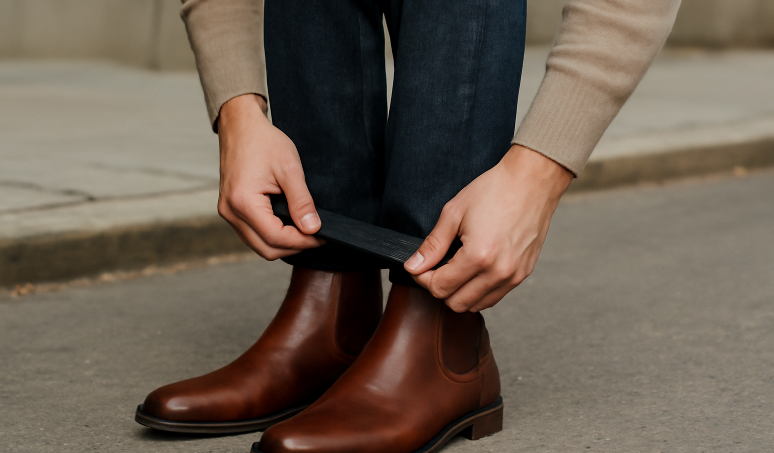 homme ajustant son pantalon sur des bottines