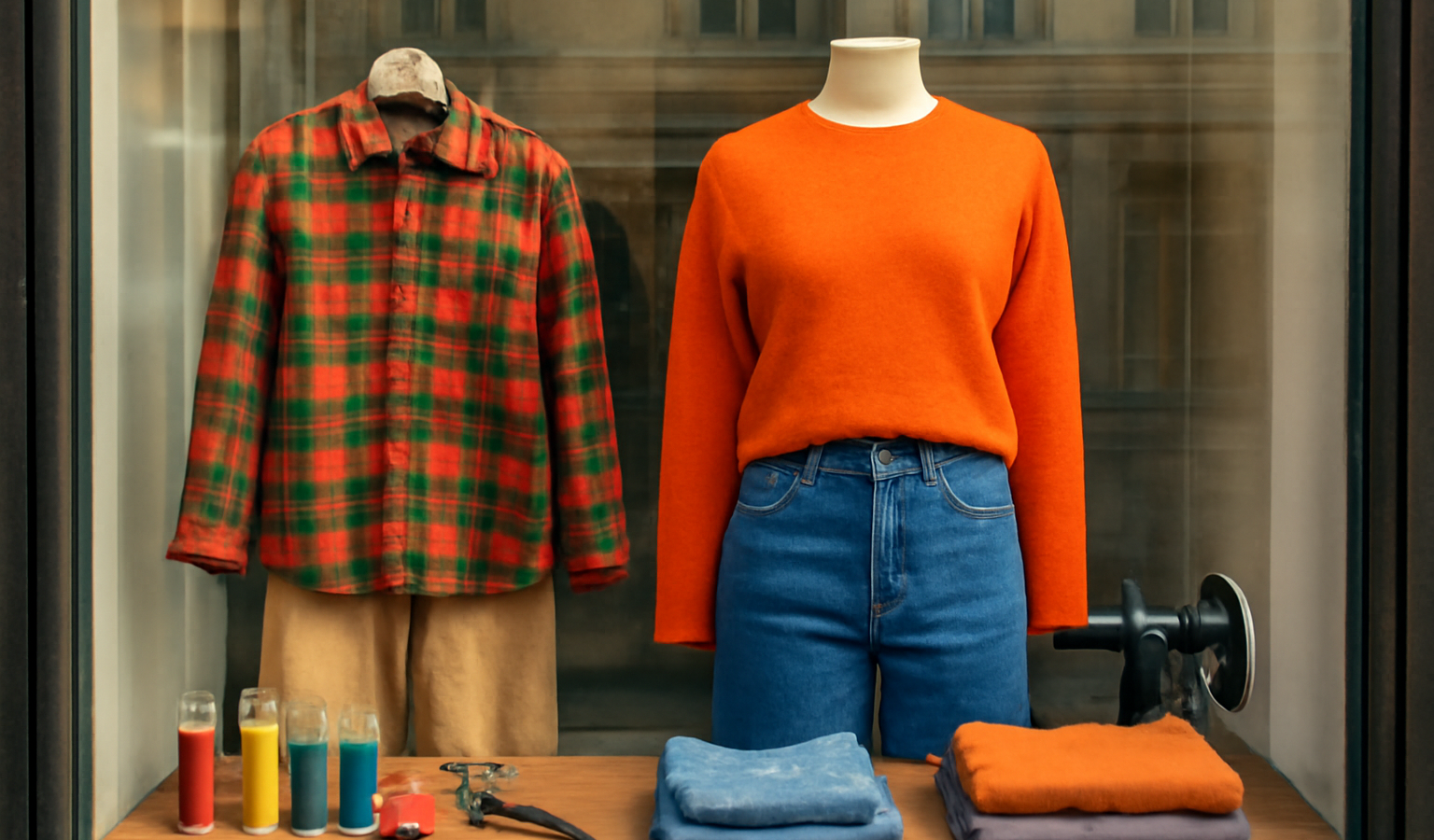 vitrine colorée avec pièces couture et casual