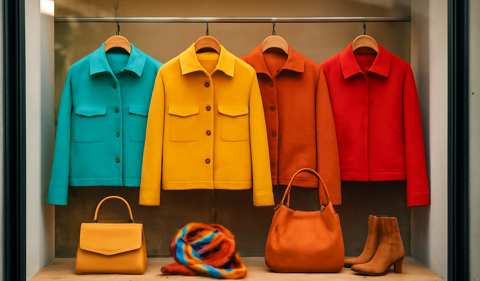 vitrine avec vestes colorées et accessoires