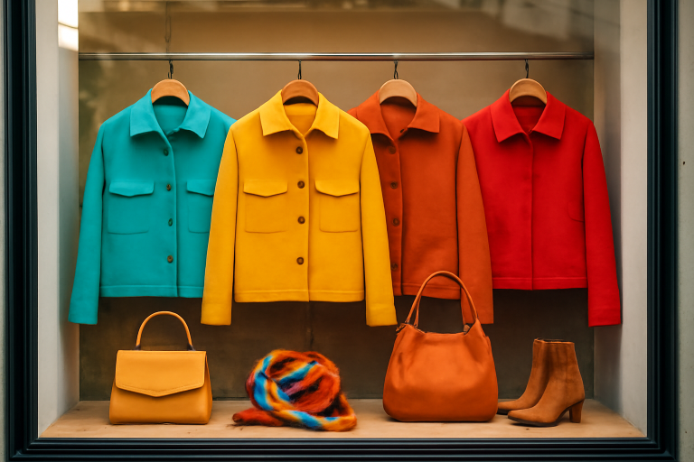 vitrine avec vestes colorées et accessoires