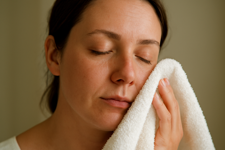 visage essuyé doucement avec serviette