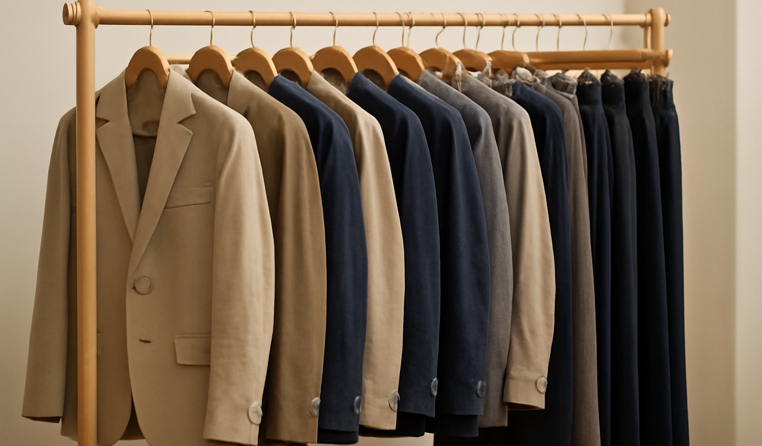 rayon de vêtements classiques sur portants en bois