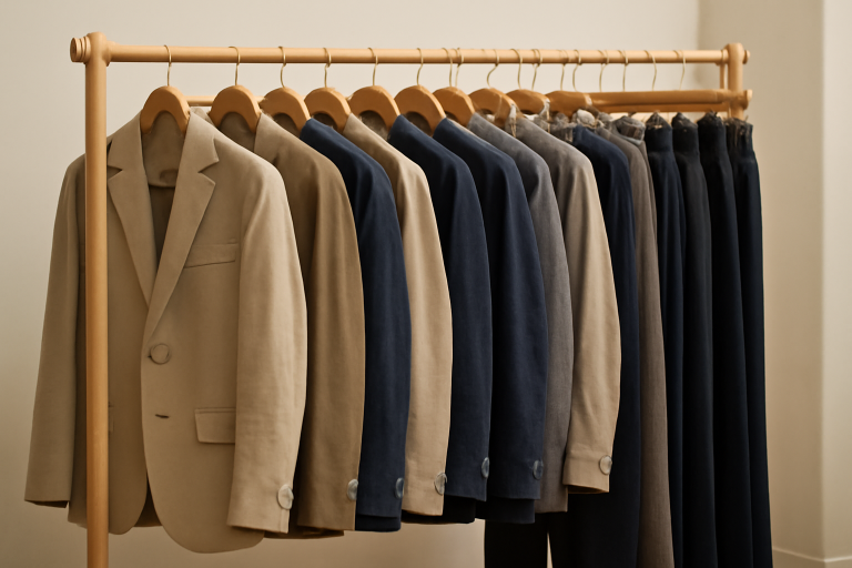 rayon de vêtements classiques sur portants en bois