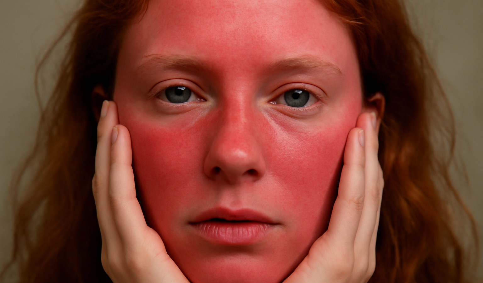 visage rouge avec mains touchant joues