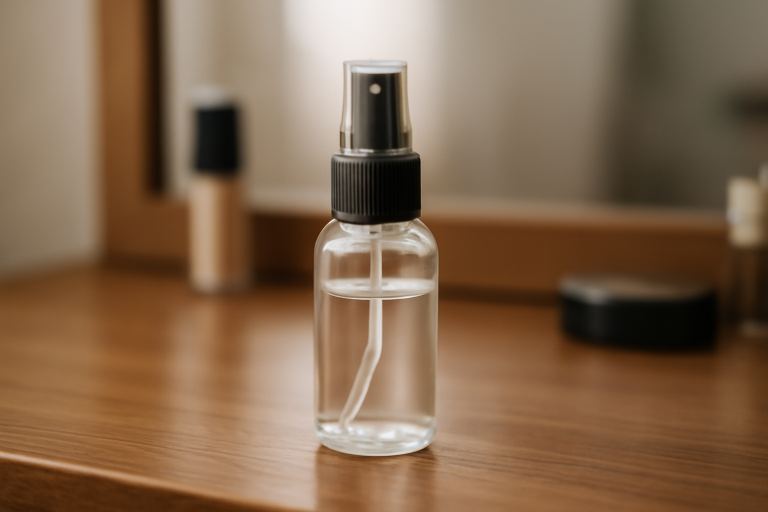 petit flacon de spray fixateur posé sur une coiffeuse