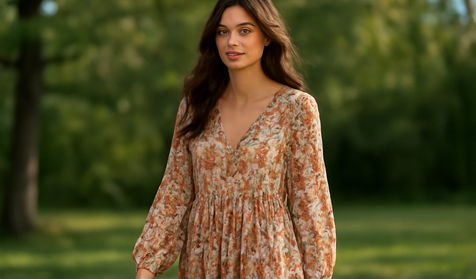 femme en robe fluide à motifs dehors