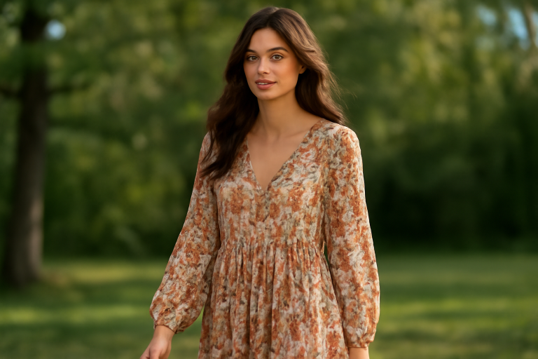 femme en robe fluide à motifs dehors