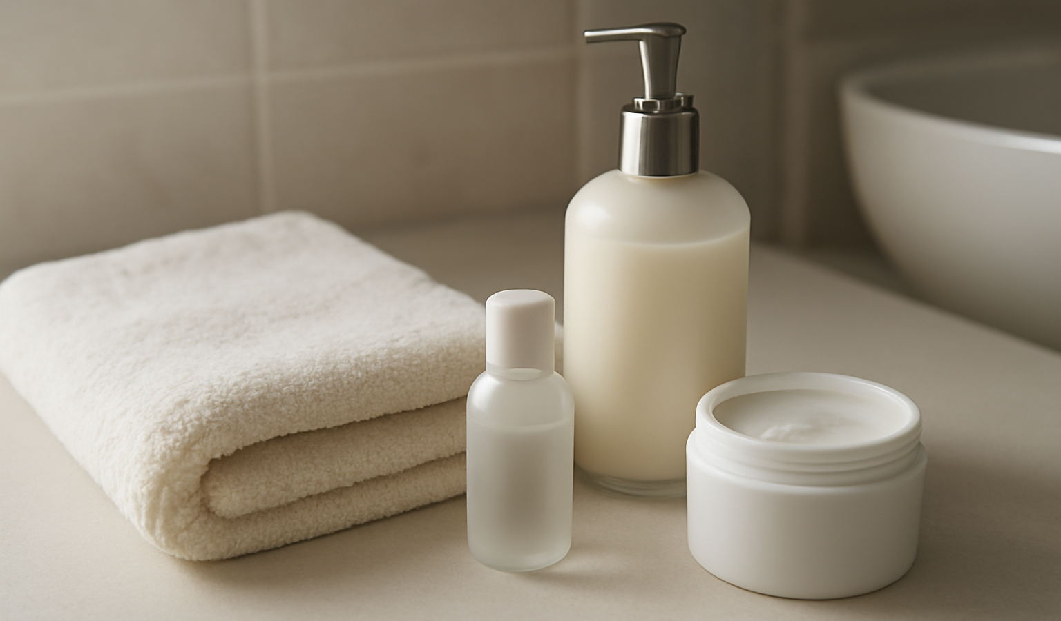 serviette et produits sur table de salle de bain