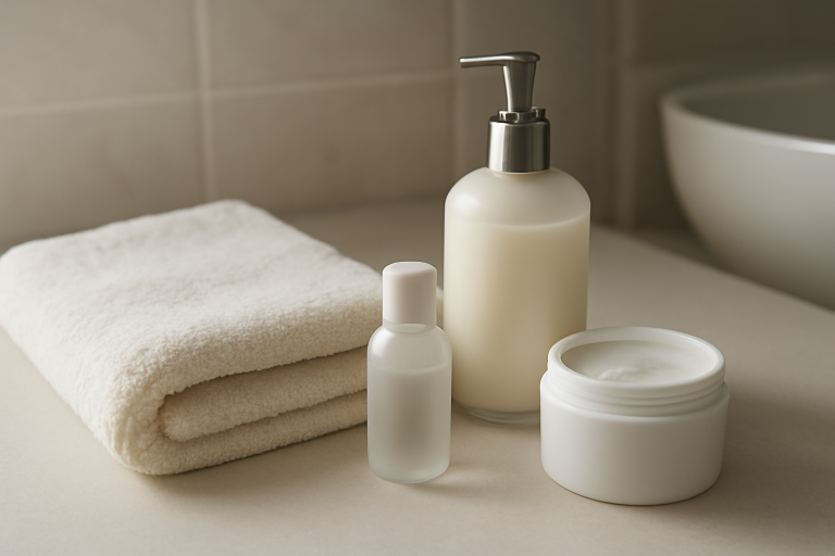serviette et produits sur table de salle de bain