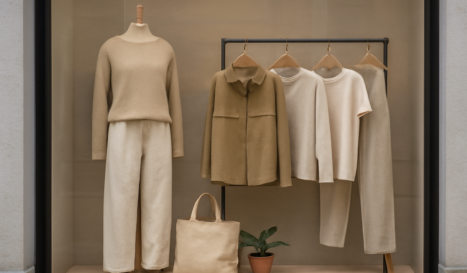 vitrine montrant vêtements durables et neutres
