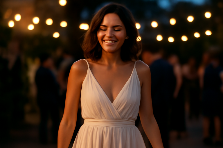 personne en robe fluide souriant en soirée