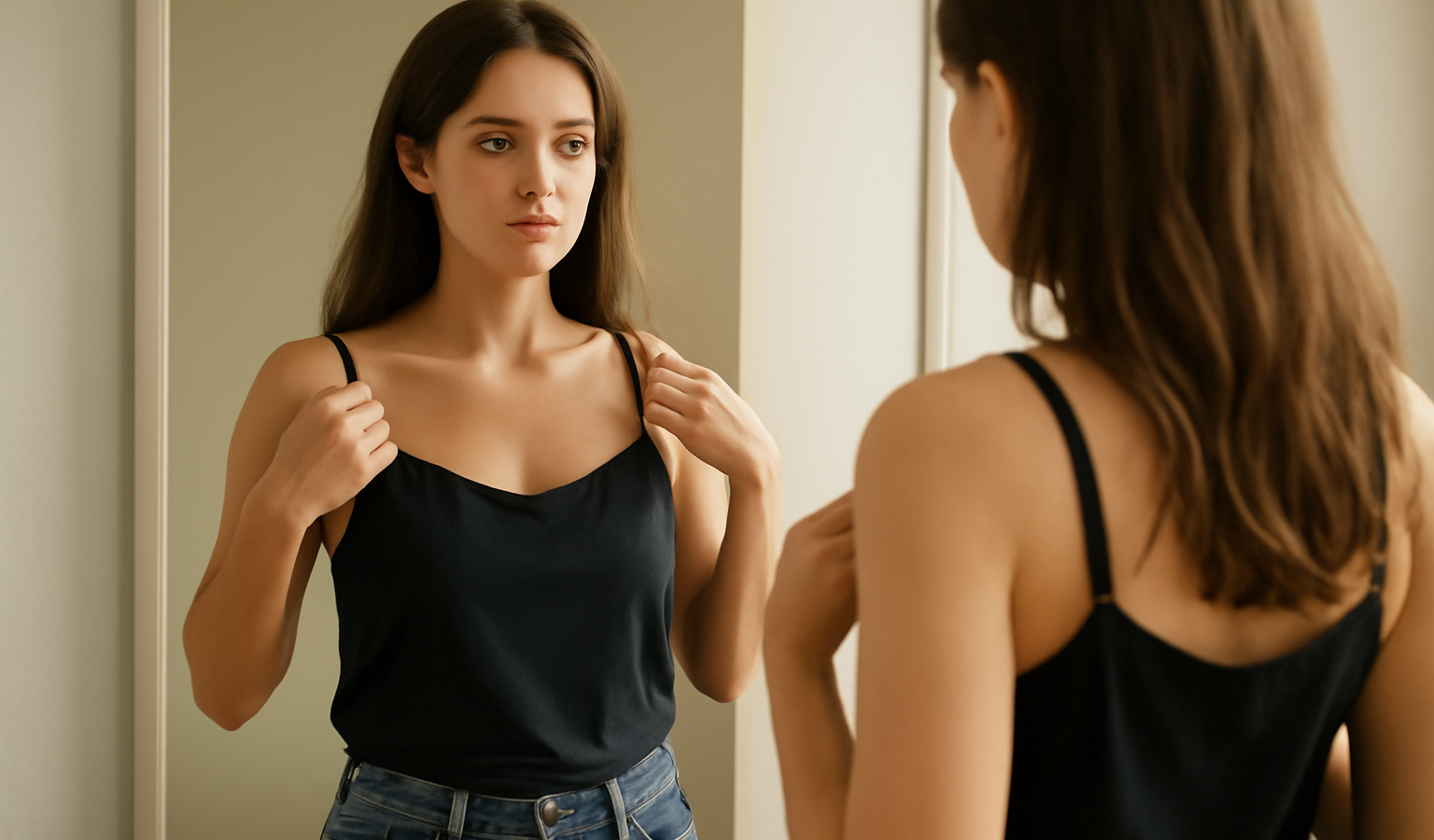 femme essayant un top devant un miroir