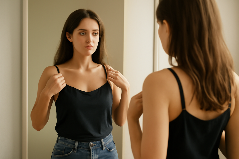 femme essayant un top devant un miroir
