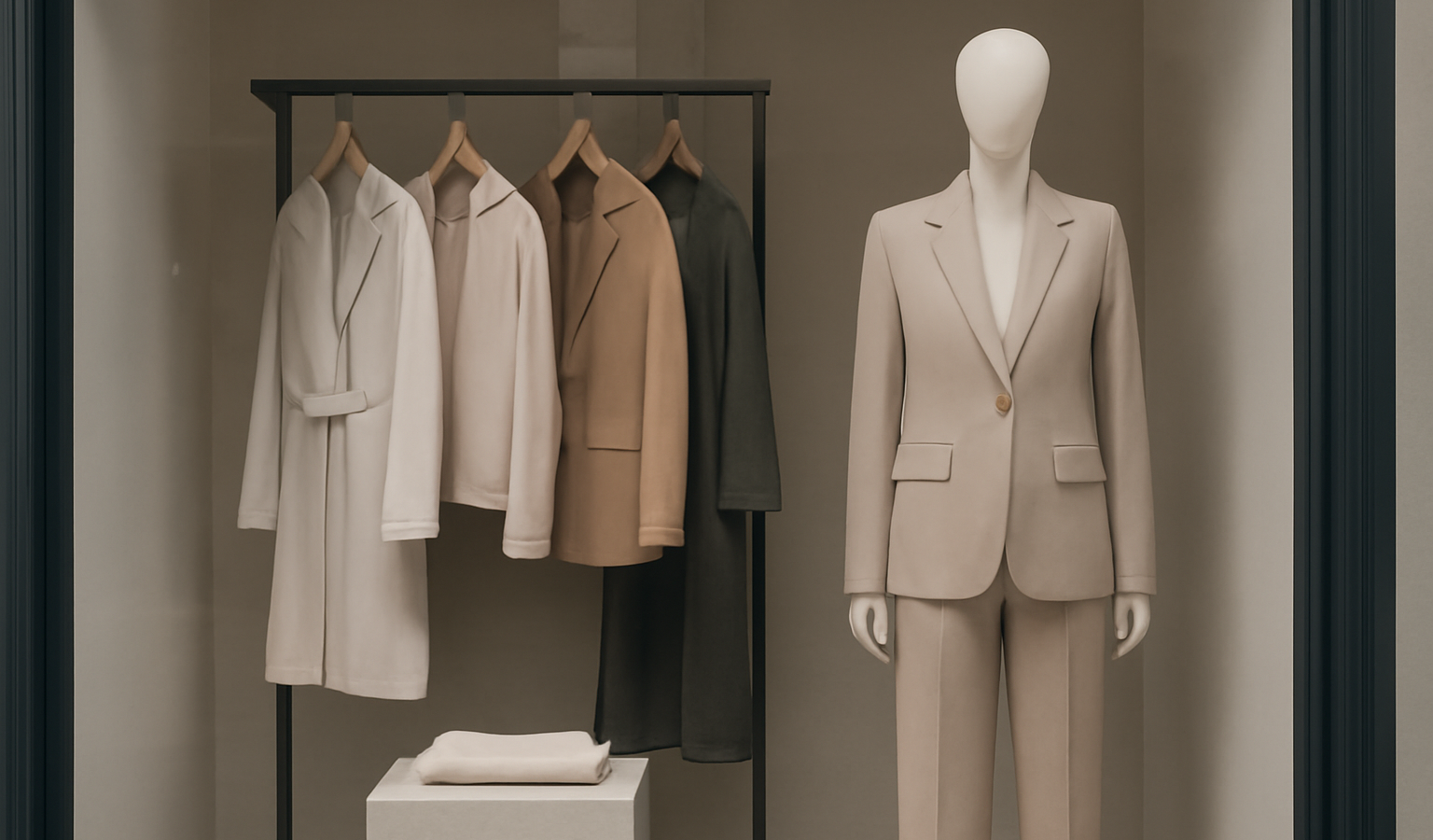 vitrine sobre avec pièces de tailleur neutres