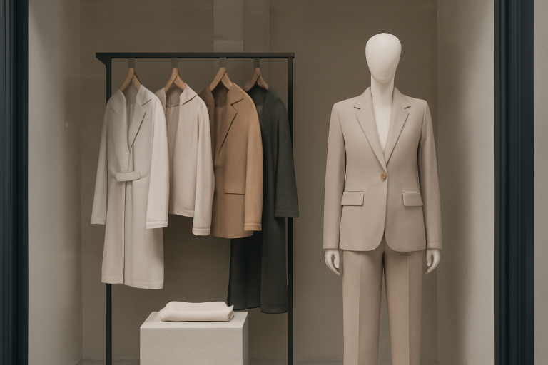 vitrine sobre avec pièces de tailleur neutres