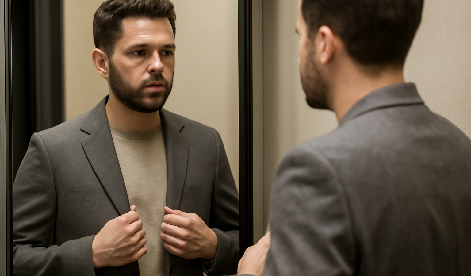 homme essayant une veste devant un miroir
