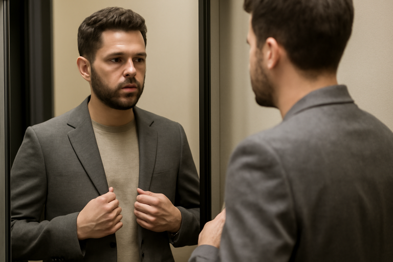homme essayant une veste devant un miroir